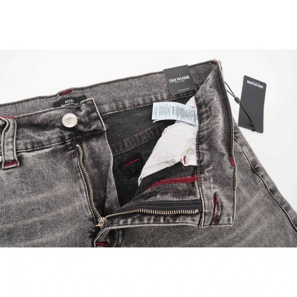 True Religion 36 Ricky Straight Bounty Gray Wash Red Stitching Denim‎ Jeans NEW